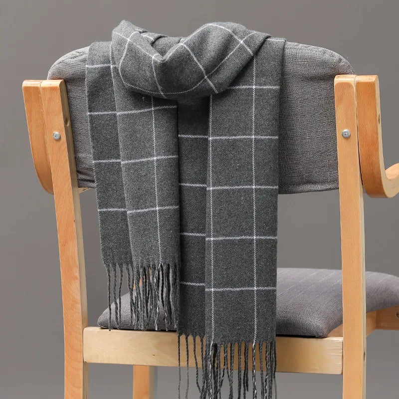 Men's Cashmere Winter Scarf – Plaid Pashmina Neckerchief with Tassels