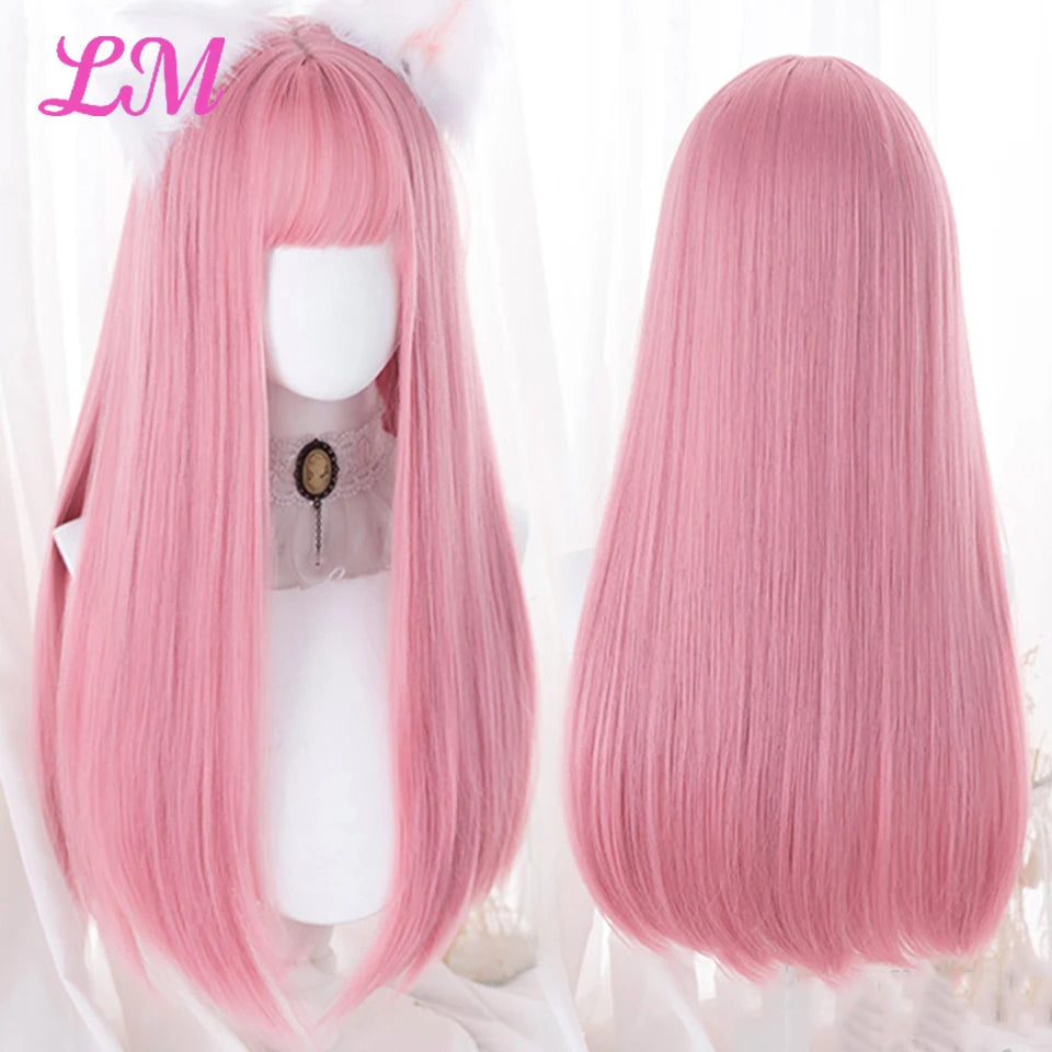 Cosplay Synthetic Wig with Bangs – Long Straight 24 Inch, Heat Resistant