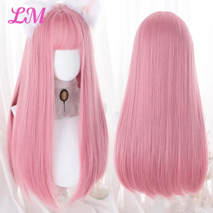 Cosplay Synthetic Wig with Bangs – Long Straight 24 Inch, Heat Resistant