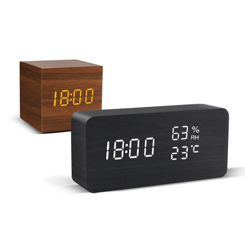 Wooden LED Digital Alarm Clock – Voice Control, Temperature & Humidity Display