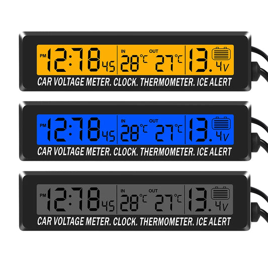 4-in-1 Car LCD Clock – Time, Date, Temperature & Voltage Display