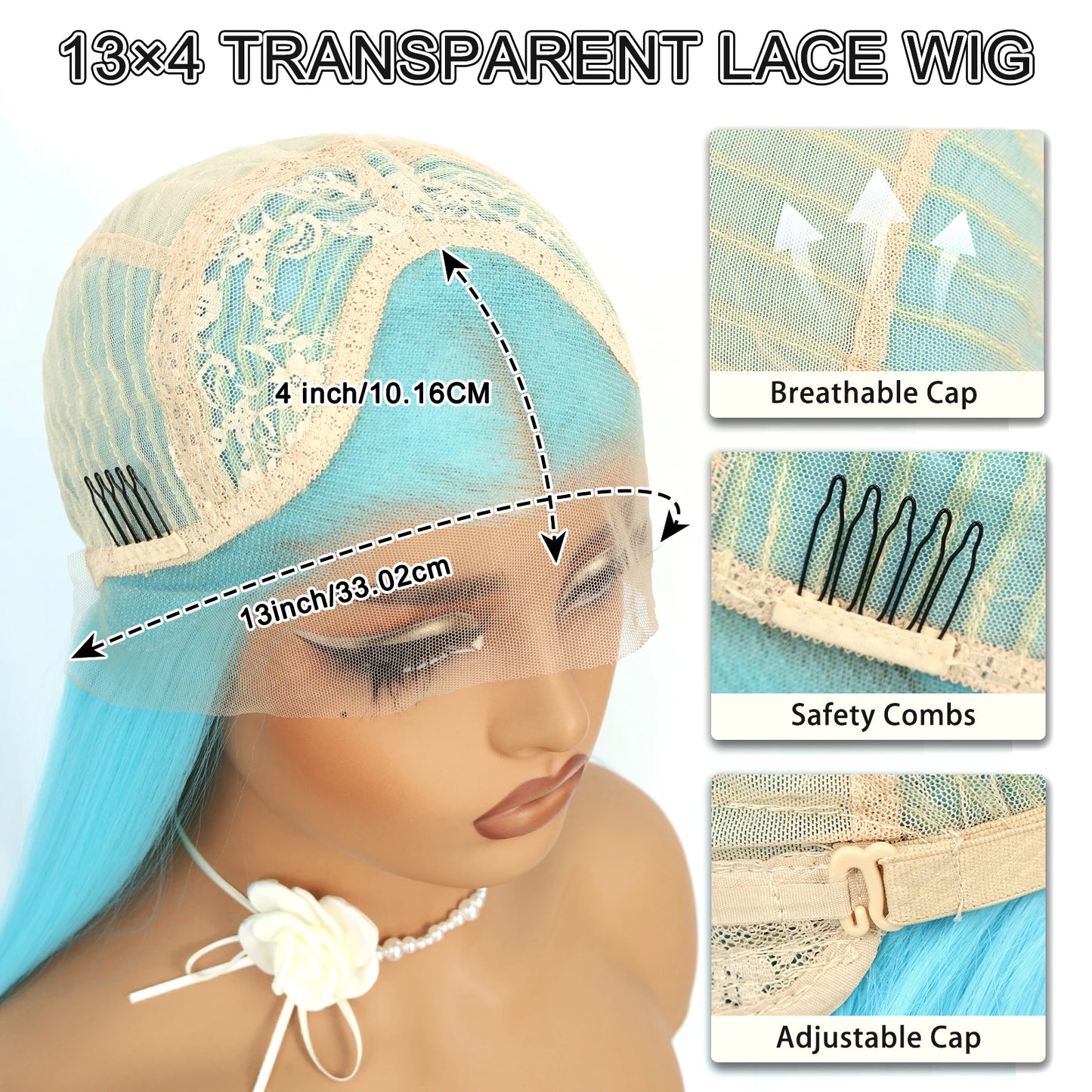 Blue Long Straight Synthetic Lace Front Wig 28 Inch 180% Density