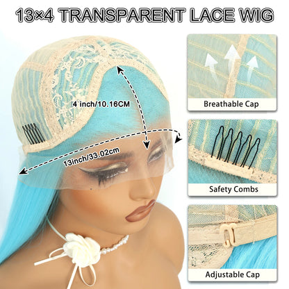 Blue Long Straight Synthetic Lace Front Wig 28 Inch 180% Density