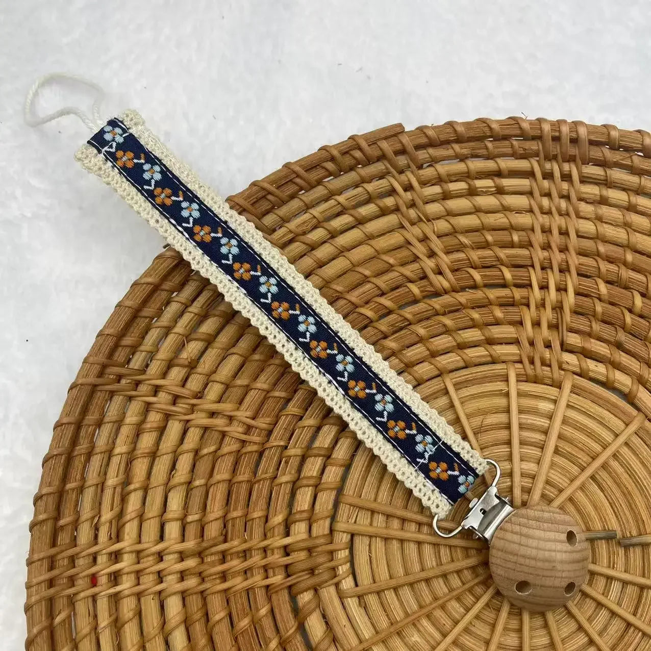 Floral Print Baby Pacifier Clip with Wooden Teether Bead