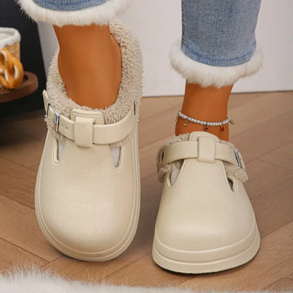 Waterproof Furry Mule Slippers – Women's Winter Clogs with Buckle