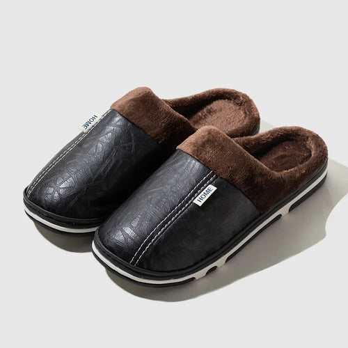 Winter Fur-Lined PU Leather Slippers – Unisex Plus Size