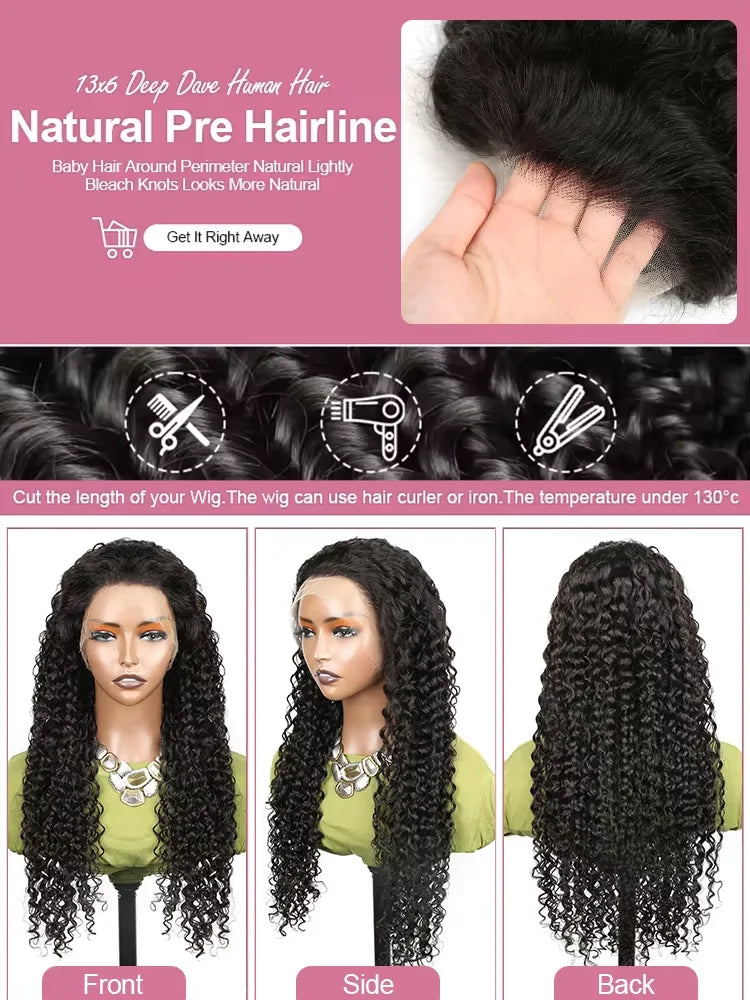 Deep Wave HD Lace Front Wig Human Hair 200% 250% Density Pre-Plucked