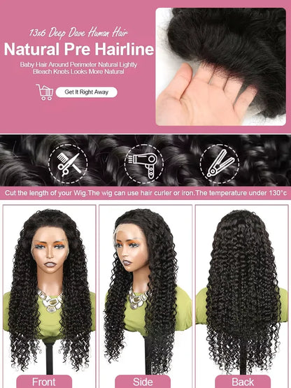 Deep Wave HD Lace Front Wig Human Hair 200% 250% Density Pre-Plucked