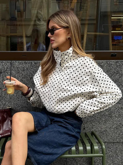 Women's Polka Dot Turtleneck Jacket & Shorts Set – Casual Autumn Outfit