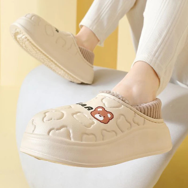 Waterproof Plush Bear Slippers – Warm Anti-Slip Indoor Outdoor Shoes