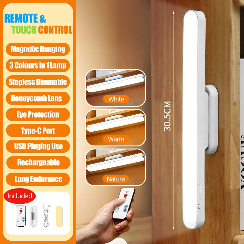 LED Desk Lamp Magnetic Hanging USB Rechargeable with Remote & 3 Color Modes