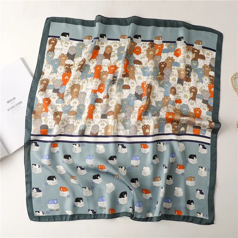 Satin Square Scarf Women Cute Cat Print Headscarf Neckerchief