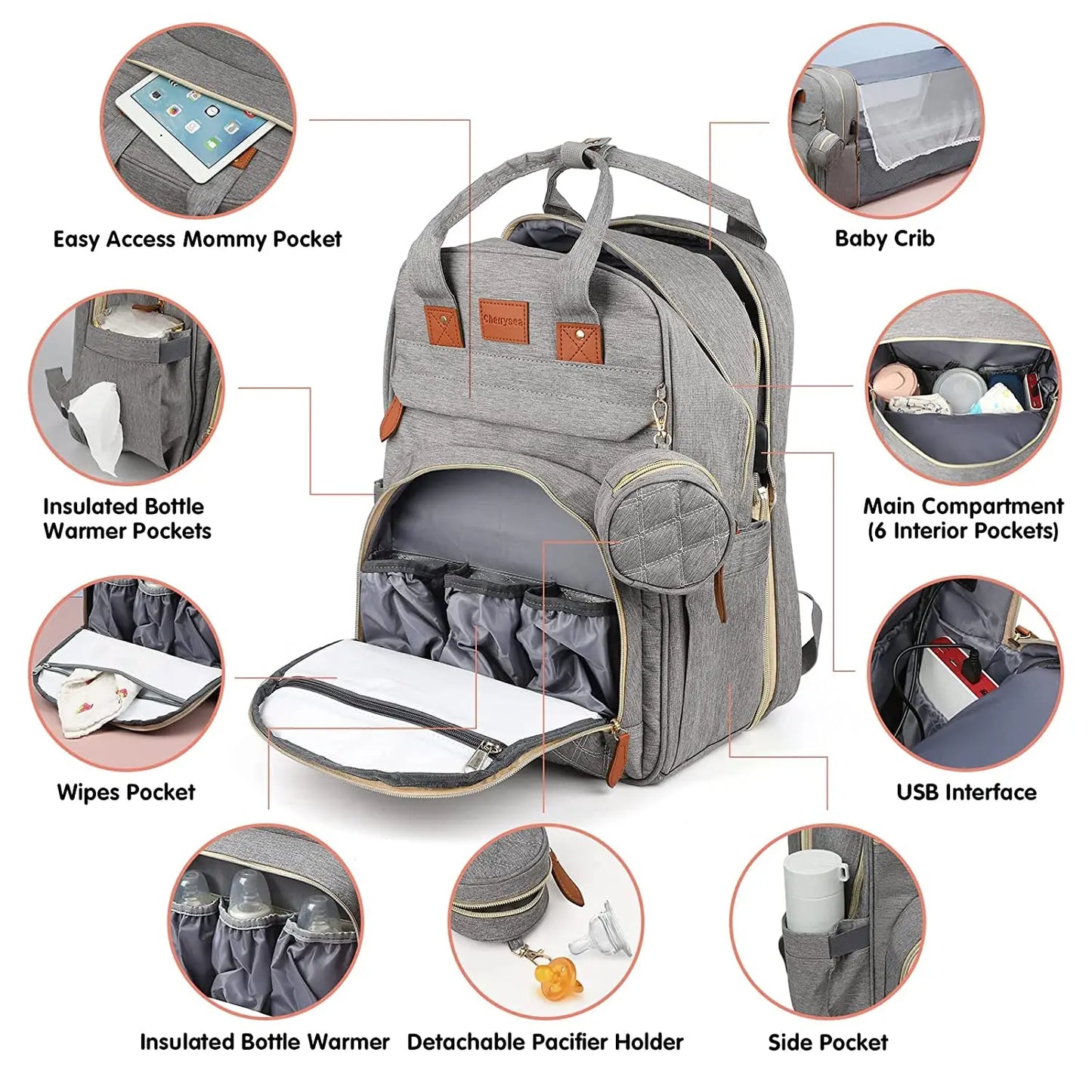 3-in-1 Diaper Bag Backpack with Foldable Baby Bed & USB Charge