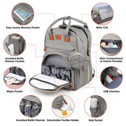 3-in-1 Diaper Bag Backpack with Foldable Baby Bed & USB Charging